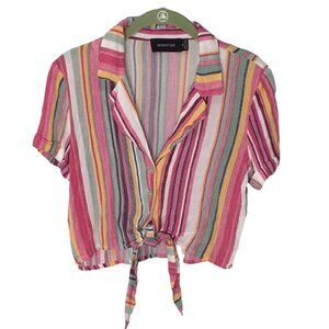 MINKPINK Cropped Top Front Tie Viscose Striped Women XS Pink Short Sleeve Beach